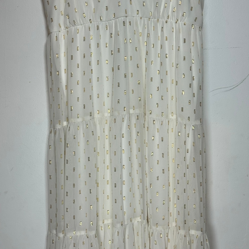 Express Tiered Maxi Dress Womens White Gold Metallic Foil‎ Clip Dot Boho Medium - Picture 4 of 14